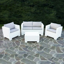 Set Salotto da Giardino Divano 2 Poltrone e Tavolino con Cuscini in Plastica Bianco