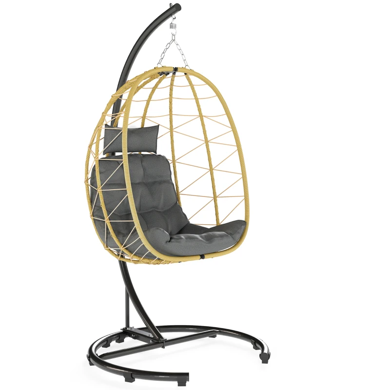 Dondolo Pensile da Giardino Pieghevole con Cuscini 102x102x195 cm in Acciaio e Rattan PE Nera Grigia e Beige