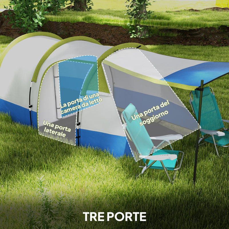 Tenda da Campeggio Impermeabile 420x200x150 cm con 2 Aree e 3 Ingressi in Poliestere e Fibra di Vetro Verde  