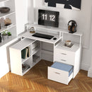 Scrivania da Ufficio Angolare 138,5x90x92 cm con Supporto per Monitor Cassetti e Ripiani in Legno Bianco   
