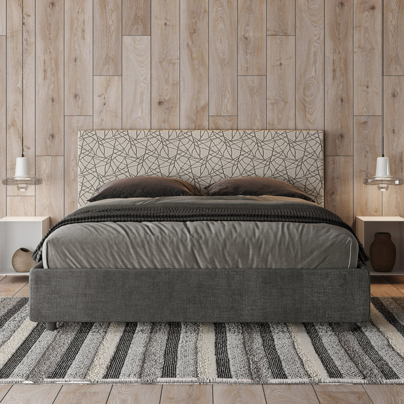 Letto Matrimoniale con Testata e Alzata Comoda Imbottito in Tessuto Labirinto Arla Grigio Varie Misure