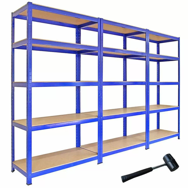 online Set 3 Scaffali 5 Ripiani ad Incastro 90x50x180 cm e Martello Piani in MDF Struttura in Acciaio Blu