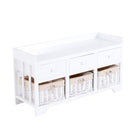Panca Contenitore in Legno con Cassetti e Ceste in Vimini Bianco 98x34x52 cm 