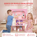 Casa delle Bambole per Bambini 3-6 Anni 59x23,6x69,5 cm a 3 Piani con 10 Mobili e 6 Stanze in MDF e Legno di Pino Rosa      