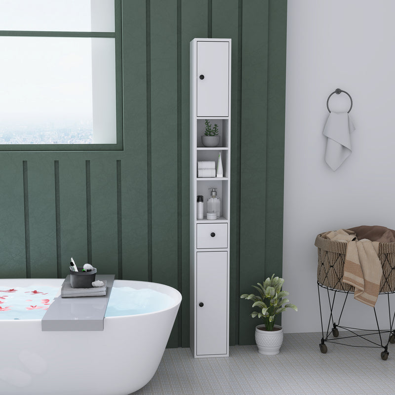 Colonna Bagno Salvaspazio 20x20x178 cm con Armadietti Ripiani Aperti e Cassetto in Legno Bianco  