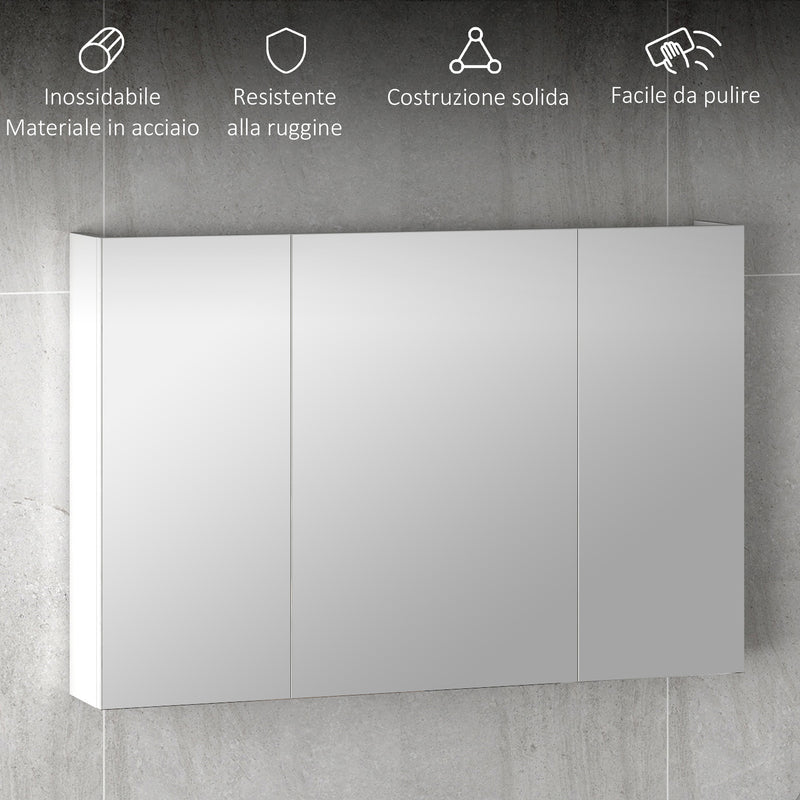 Specchio da Bagno Pensile a 3 Ante  90x13,5x60 cm Rivestimento in Melamina Bianco  