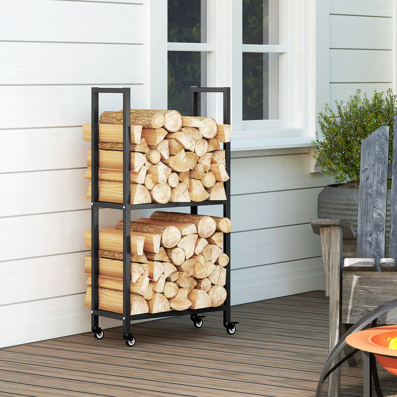 Portalegna da Esterno e Interno 60x30x119 cm a Due Livelli con Ruote in Acciaio Rinforzato Nero      