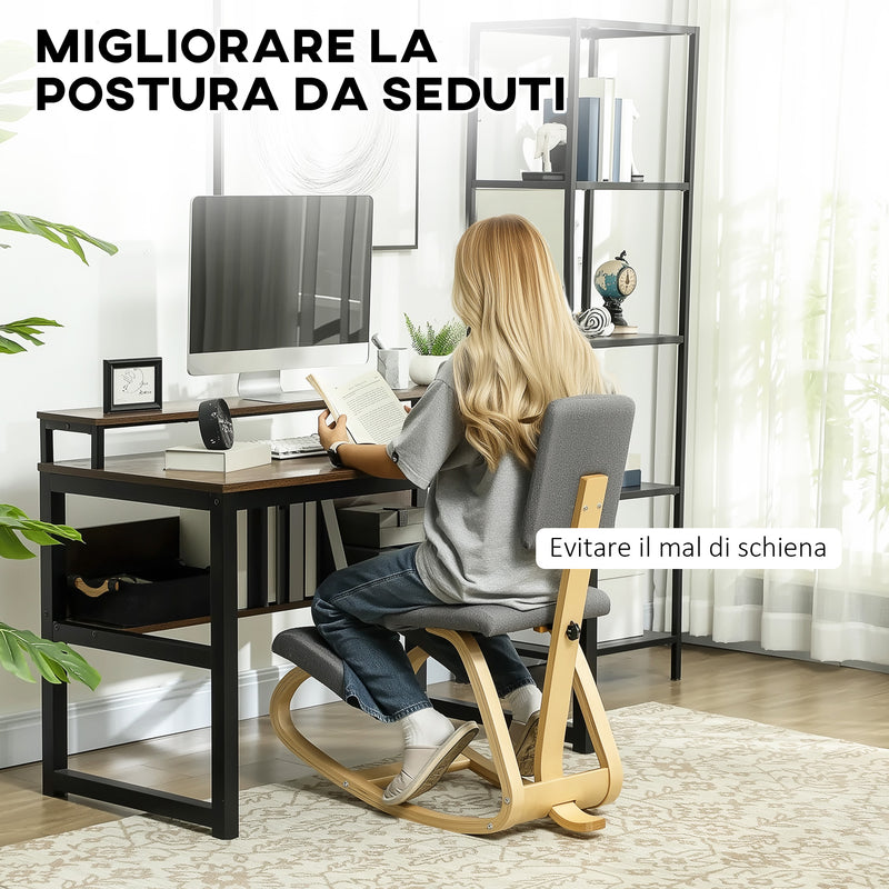 Sedia Inginocchiatoio con Movimento a Dondolo 51x84x93 cm in Tessuto Effetto Lino e Legno Grigio   