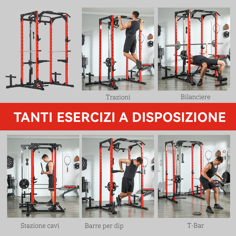 Stazione Fitness 191x153x205 cm Bilanciere Trazioni e Dip in Acciaio Rosso e Nero 