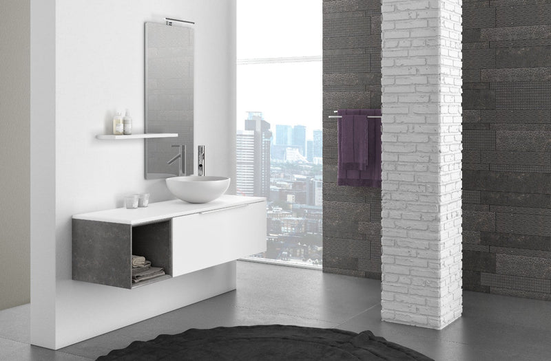 Mobile Bagno Sospeso 135 cm Lavabo Specchio Lampada a LED e Mensola TFT Mactan Sinistra Bianco Opaco e Grigio