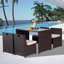 Set Tavolo e 4 Sedie da giardino in Rattan Sintetico e Acciaio con Cuscini Marrone 
