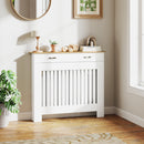 Copritermosifone a Doghe Antiribaltamento 112x19x97 cm con Vano Contenitore in Legno Bianco