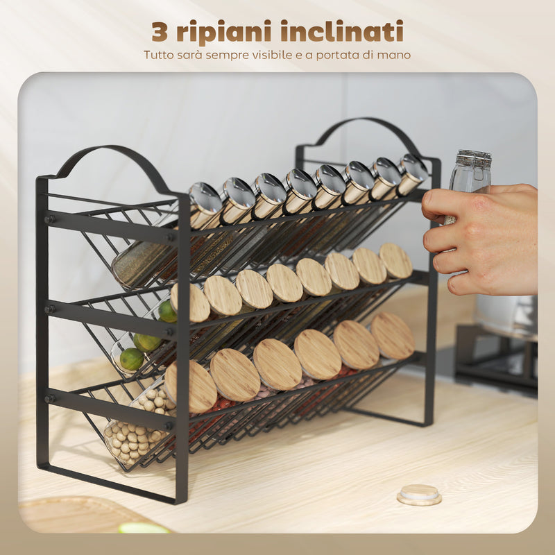 Portaspezie da Cucina a 3 Livelli 39,5x18x33 cm con Ripiani Inclinati in Metallo Nero   