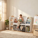 Scaffale Portagiochi per Bambini 3-8 Anni 137x40x80 cm con Libreria a 3 Livelli e Panca con Cuscino in MDF e Tessuto Bianco      