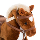 Cavallo per Bambini 2+ Anni 55x23x60 cm con 4 Rotelle Suoni Poggiapiedi Capacità 60 kg in Peluche Marrone      