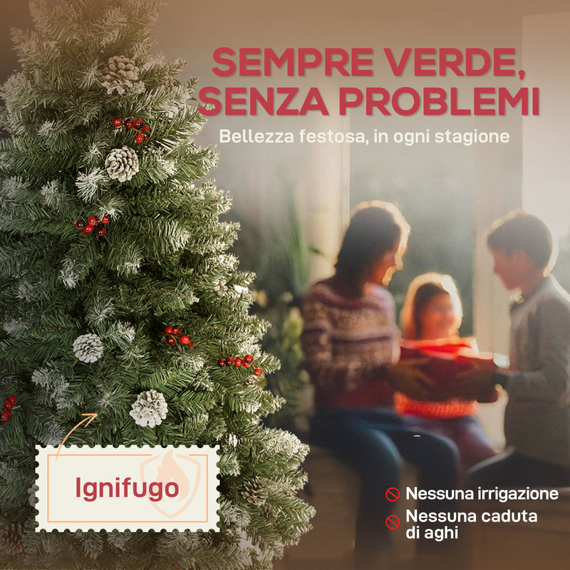 Albero di Natale Innevato 150 cm 398 Rami con Pigne e Bacche Rosse Base in Metallo Verde      