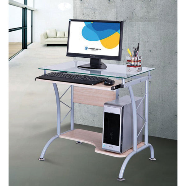 online Computer-PC-Schreibtisch aus Stahl und Glas, ausziehbare Oberseite, Rauchapfel, Weiß/Ahorn