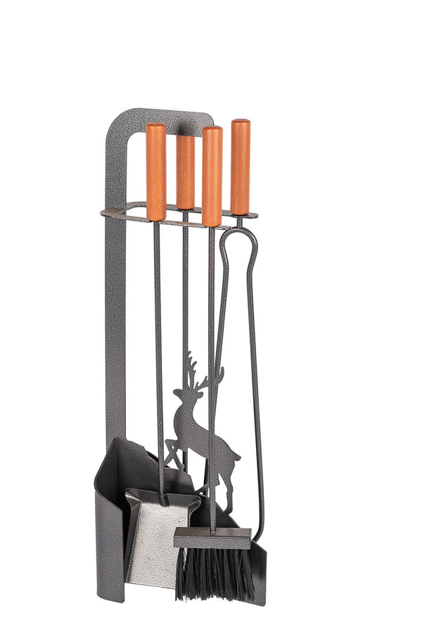 prezzo Trespolo per Attrezzi Camino Sagoma Cervo con Paletta Scopino Attizzino e Pinza 15,6x23,5x65 cm in Ferro e Legno Grigio Martellato