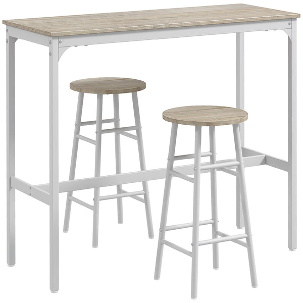 sconto Set Bar Tavolo Alto e 2 Sgabelli con Poggiapiedi Stile Industriale in MDF e Acciaio Bianco e Rovere