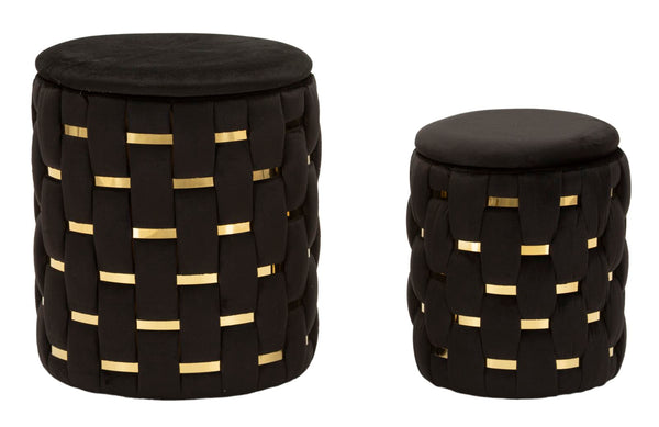 Puff con Contenitore Shanty Nero Set 2 Pz Ø37x42 cm - Ø28x35 cm in Ferro e MDF e Spugna e Poliestere Nero e Oro online