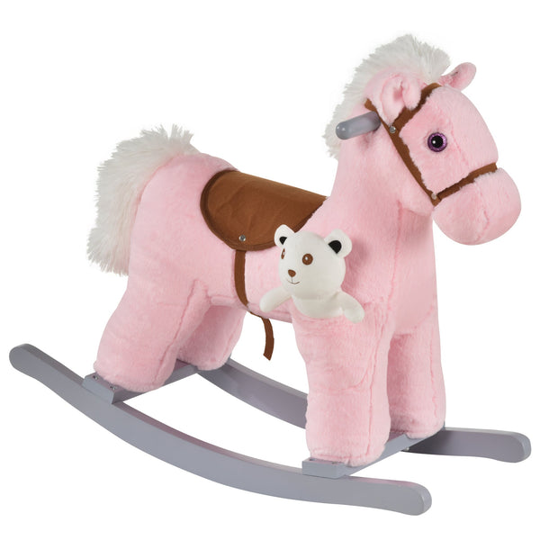 Schaukelpferd aus Plüsch und Holz mit rosafarbenem Teddybär und Geräuschen sconto