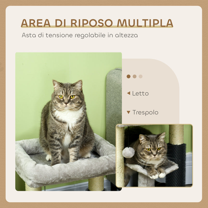 Albero Tiragraffi con Lettino in Peluche 40x40x48 cm con Spazzola e Palo in Sisal Grigio   