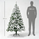 Albero di Natale Innevato Alto 180 cm con 750 Rami Ignifughi e Base in Acciaio Verde      
