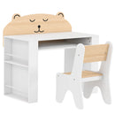 Set Tavolo per Bambini 3-8 Anni 80x41,2x74,5 cm con Sedia e Librerie Laterali Tema Orsetto in Truciolato e MDF Bianco      