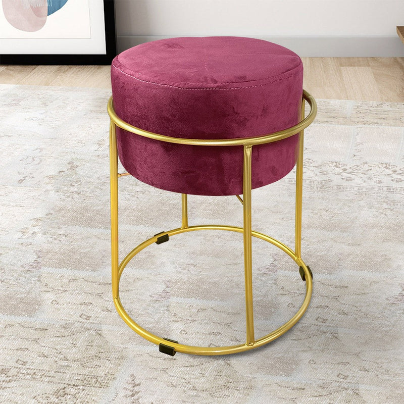 Pouf in Velluto Bordeaux 44x38 cm con Struttura in Metallo Oro