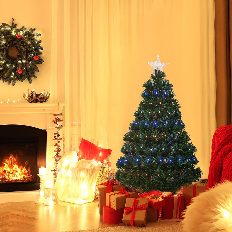 Albero di Natale Artificiale 90 cm 90 Rami con Luci LED e Fibre Ottiche Colorate Verde