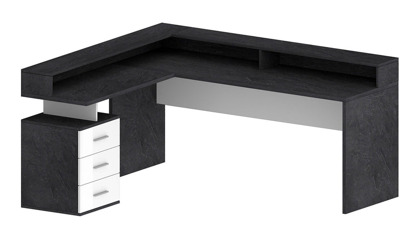 Scrivania Angolare 3 Cassetti e Ripiani a Giorno 180/160x60x90 cm New Selina Bianco Lucido/Report Grigio  