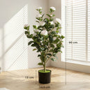 Pianta Finta di Camelia con Fiori Realistici 176 Foglie in PEVA e Vaso Nero in PP Riempito in Cemento Bianco      
