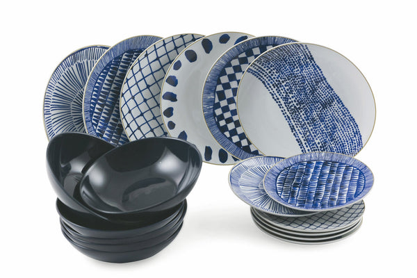 sconto 18-teiliges Tafelservice aus Porzellan und mehrfarbigem Steingut Villa d'Este Home Tivoli Masai Blue