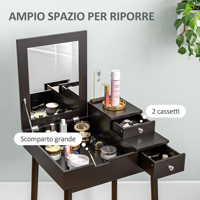 Tavolo da Trucco 2 in 1 60x50x85,5 cm con Specchio Ribaltabile e 2 Cassetti Nero   