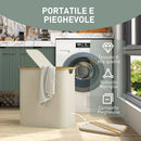 Cesto Portabiancheria 54x34x58,5 cm Capienza 80L a 2 Sezioni con Coperchio in Tessuto non Tessuto e Bambù Beige      