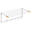 Portasciugamani a Parete Pieghevole 60x32,5x20 cm con 5 Barre e 6 Ganci in Legno e Acciaio Bianco      
