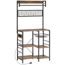 Mobile Scaffale Cucina 80x42x162 cm con Prese e LED Pannello in Metallo con 10 Ganci 5 Ripiani e Cestello Marrone Rustico      