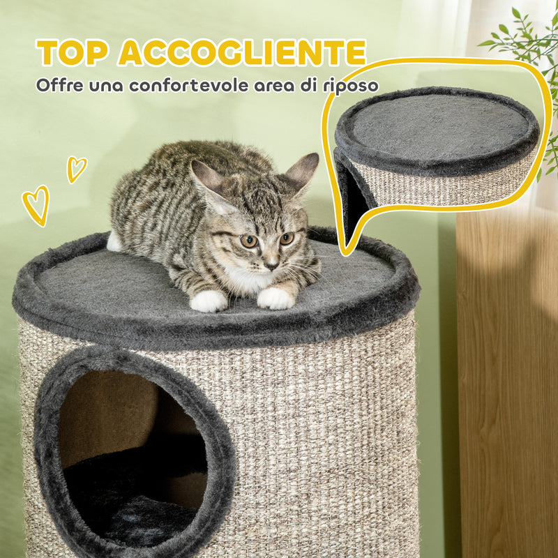 Cuccia per Gatti a 3 Livelli Ø38x70cm con Tiragraffi in Sisal e Peluche Grigio      