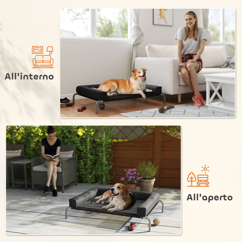 Brandina per Cani Rialzata 110x75x30 cm con Cuscino a U in Tessuto Nero e Argento   