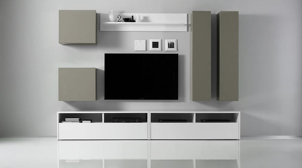 Ausgestattete Wohnzimmerwand mit 4 Hängemöbeln 2 TV-Schränken 1 Regal 278x41x205cm TFT Boost weiß und beige online