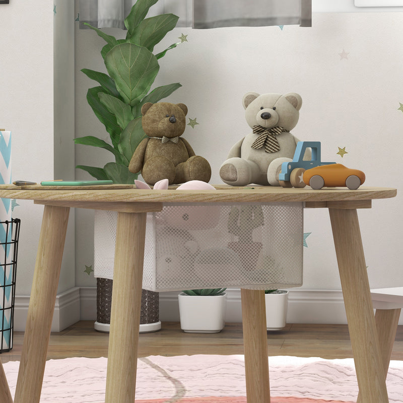 Set con Tavolo e 2 Sedie per Bambini con Schienale a Orsetto Tavolino con Vano Contenitore in MDF Bianco e Legno      
