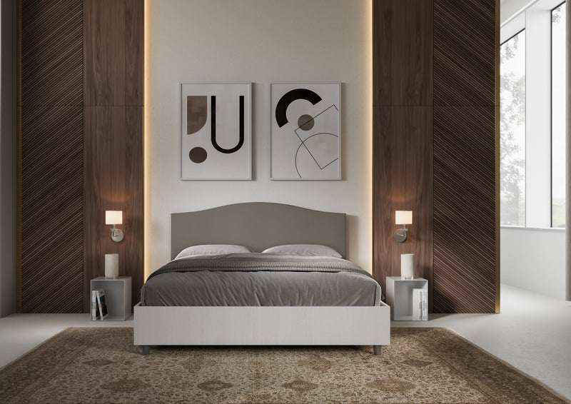 Letto Matrimoniale con Rete e Contenitore Alzata Comoda Struttura Bianco Frassico e Testata in Similpelle Grace Cappuccino Varie Misure