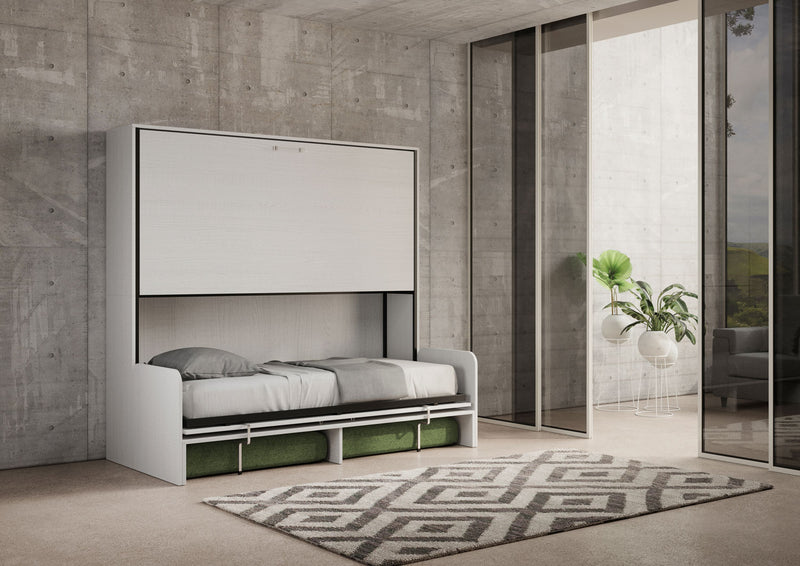 Letto Doppio A Scomparsa Kando Con Divano Con Materassi Bianco Frassino e Verde      