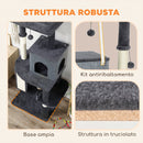 Albero Tiragraffi per Gatti Multilivello Alto 132 cm con Casetta Lettino Pali Tiragraffi Spazzola e Pallina Grigio Scuro      
