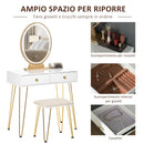Consolle Trucco 2 Cassetti 80x40x136 cm con Specchio e Sgabello Bianco