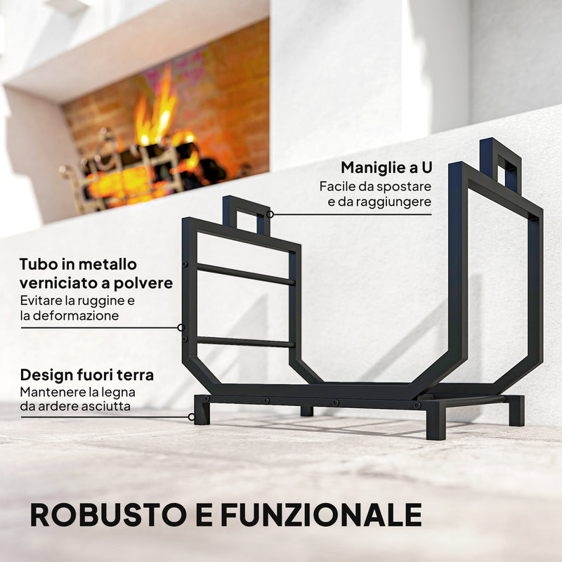 Porta Legna da Interno Esterno in Metallo con Borsa Oxford 53x33x43 cm Nero      