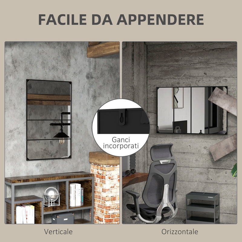 Specchio da Parete in Stile Industriale con 4 Ganci 109x2x69 cm in Vetro Multistrato Metallo e MDF Nero