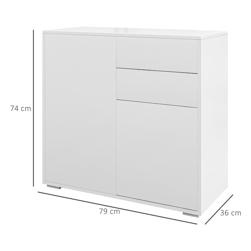 Credenza Moderna con 2 Armadietti e 2 Cassetti con Apertura a Pressione 79x36x74 cm  Bianco Lucido