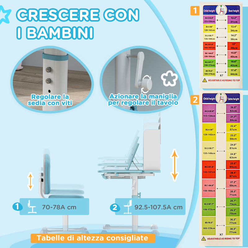 Banco Scuola per Bambini con Piano Inclinabile con Sedia Altezza Regolabile Blu 