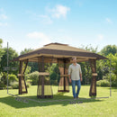 Gazebo Pieghevole 400x400x287 cm con 4 Zanzariere Laterali Doppio Tetto e Sacchi di Sabbia Cachi e Marrone      